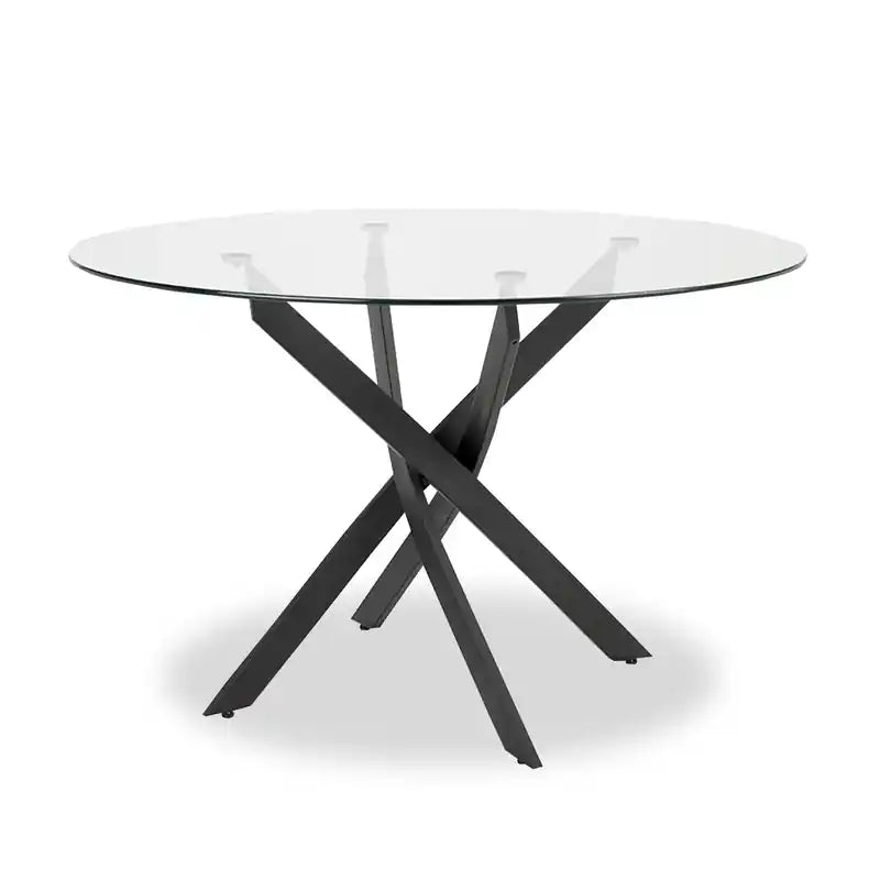 Zoe Dining Table with Glass Top, Metal Geometric Base, 47W Round