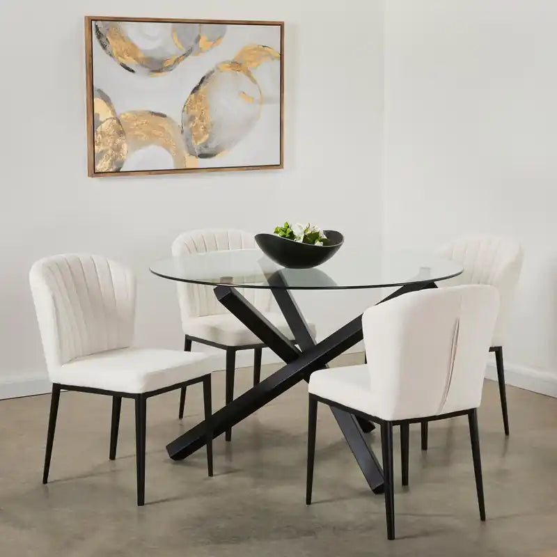 Table à manger avec plateau en verre, piètement géométrique en métal, ronde 47 po de largeur